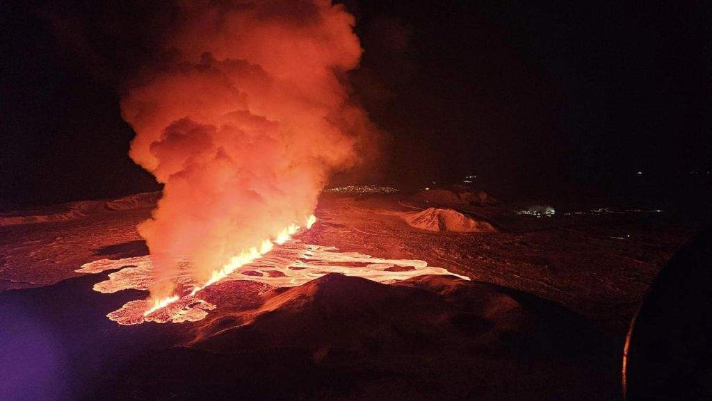 An aerial view shows lava after volcano eruption northeast of Sylingarfell, near Grindavik, Reykjanes Peninsula, Iceland early Thursday, February 8, 2024.