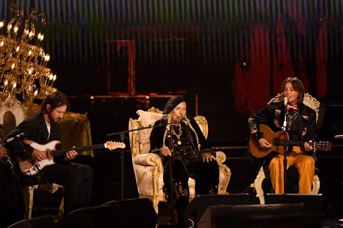 Joni Mitchell and Brandi Carlile perform onstage during the 66th GRAMMY Awards at Crypto.com Arena on February 04, 2024 in Los Angeles, California.