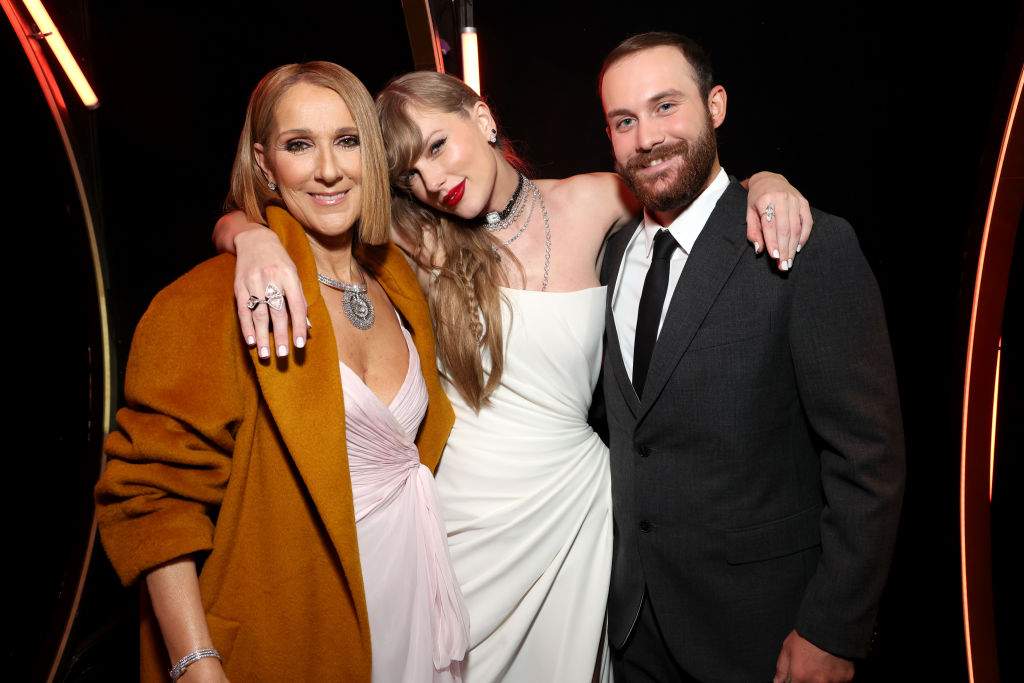(L-R) Céline Dion, Taylor Swift and Rene-Charles Angelil attend the 66th Grammy Awards at Crypto.com Arena on February 4, 2024 in Los Angeles, California.
