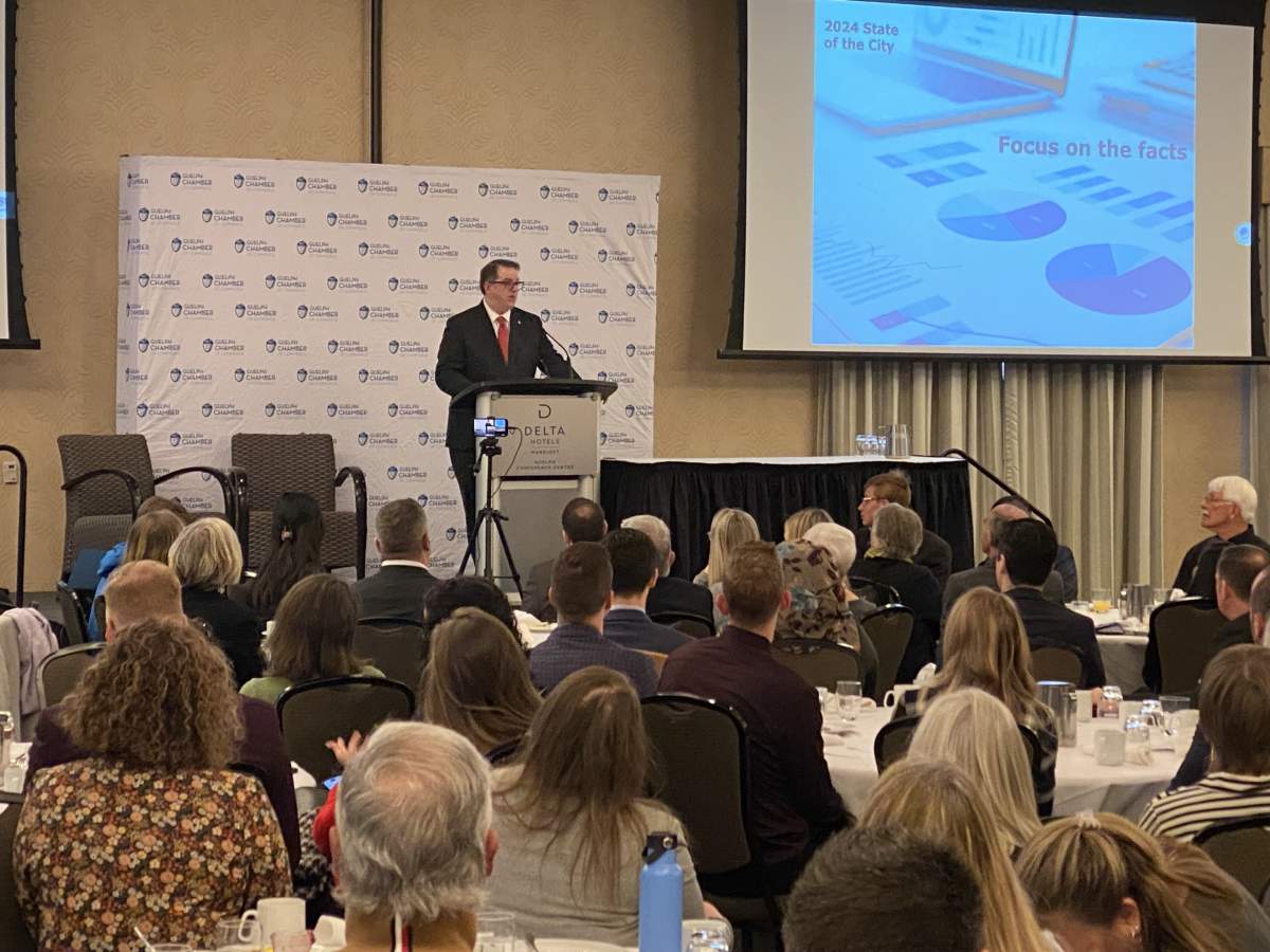 Guelph Mayor Cam Guthrie addressing the audience in his state of the city address.