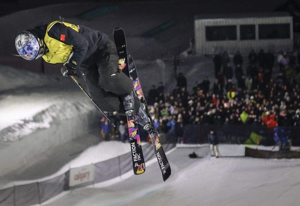 China's Ailing Eileen Gu competes during the women's World Cup freeski halfpipe event in Calgary, Alta., Thursday, Feb. 15, 2024.