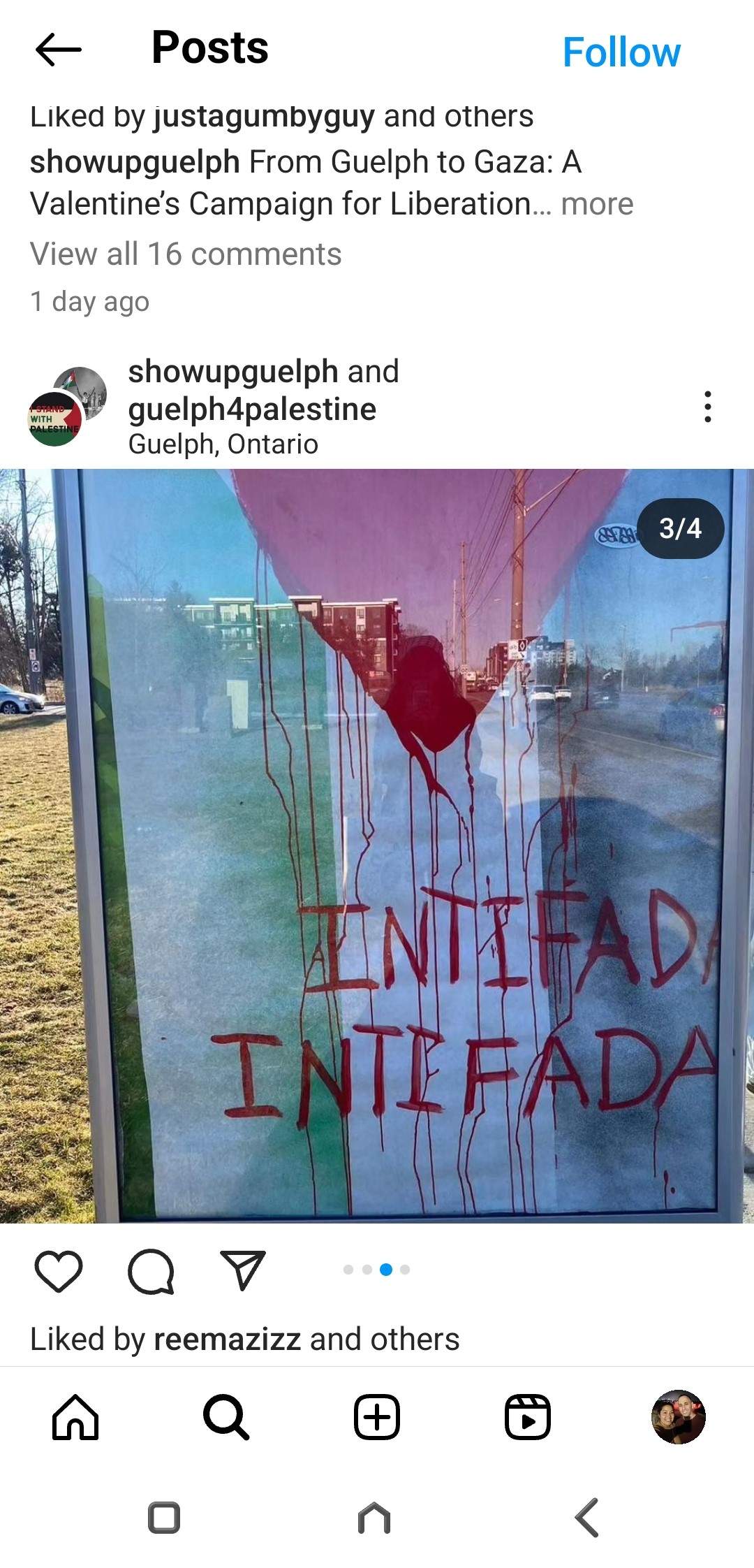 A photo posted on Instagram displays messaging supporting Palestinians.