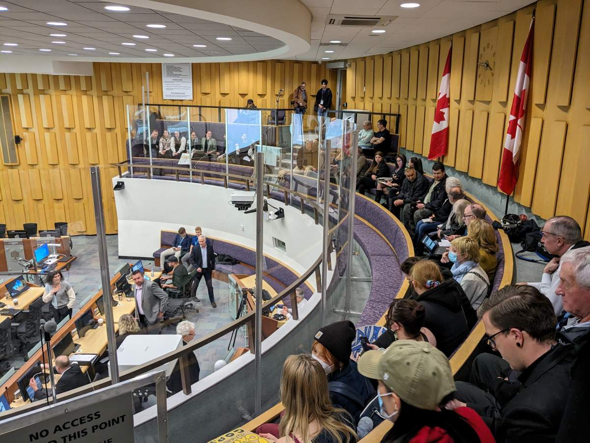 The gallery in council chambers at London City Hall filled with people.