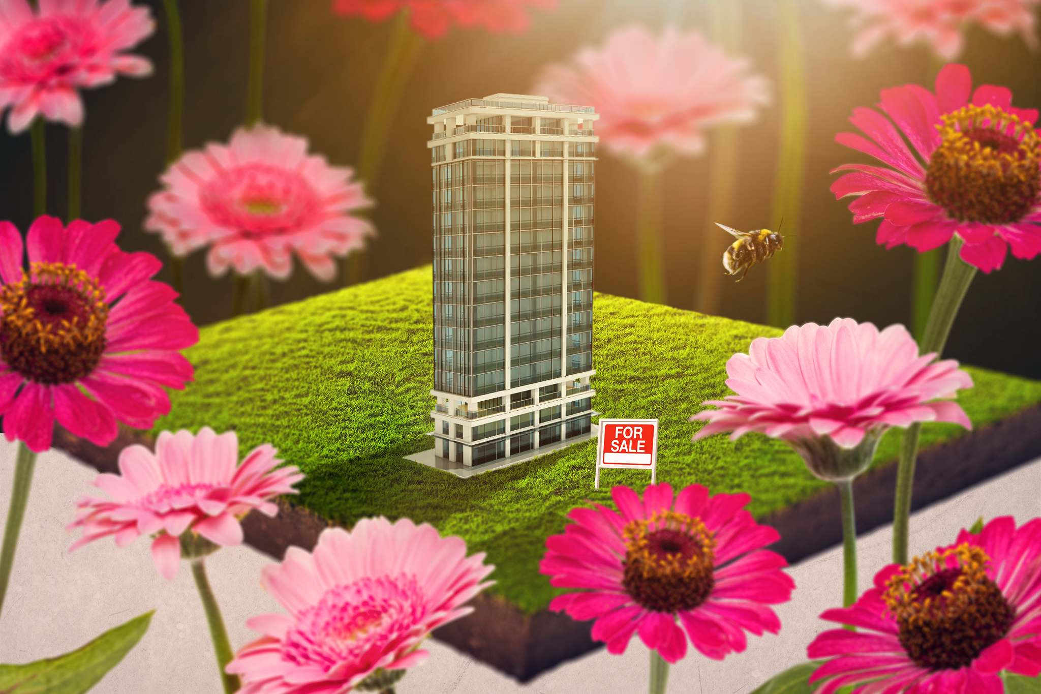 A stylized image of a condo on a plot of grass with pink flowers all around it.