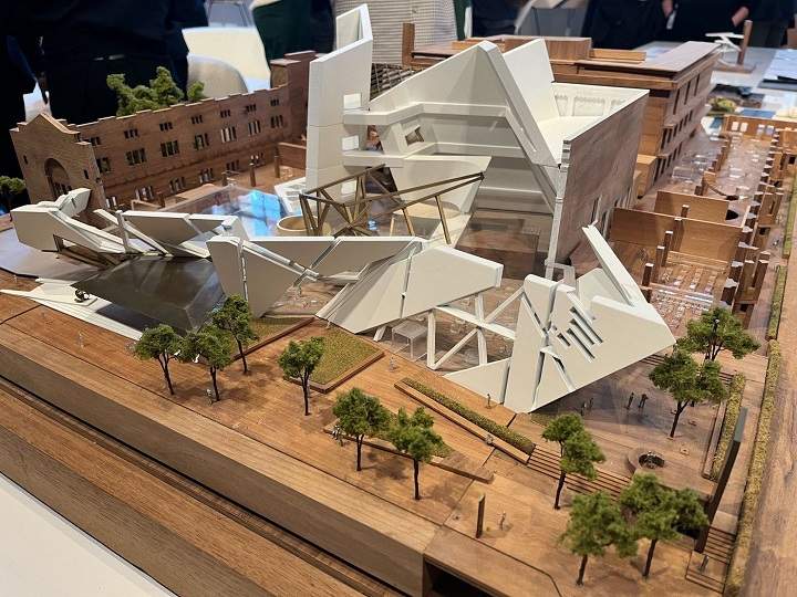 A model of the Royal Ontario Museum’s redesign is displayed during an announcement held by the institution in Toronto on Wednesday Feb. 14, 2024. The ROM is redesigning its first floor, expanding its galleries, and making ground level exhibits free to visitors, officials announced.