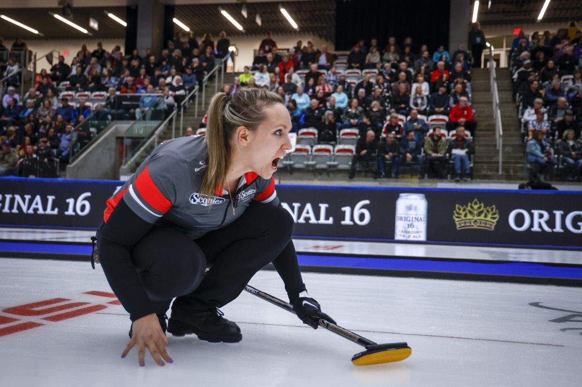Team Ontario–Homan skip Rachel Homan directs her teammates as they play Team Manitoba-Jones at the Scotties Tournament of Hearts in Calgary, Tuesday, Feb. 20, 2024.