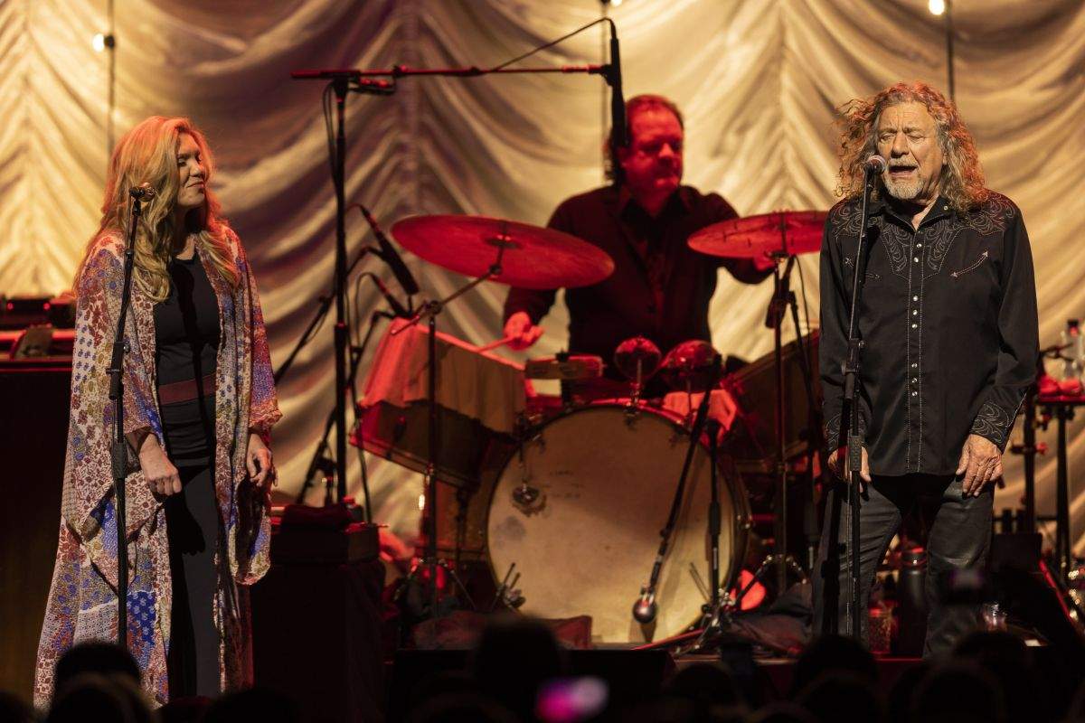 British singer Robert Plant, right, and American singer Alison Krauss, left, perform on the Auditorium Stravinski stage during the 56th Montreux Jazz Festival (MJF), in Montreux, Switzerland, Wednesday, July 13, 2022.