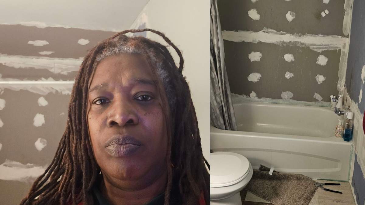 Hamilton renter Pauline Roberts and a photo of her unfinished bathroom at a dwelling near Gage Park.