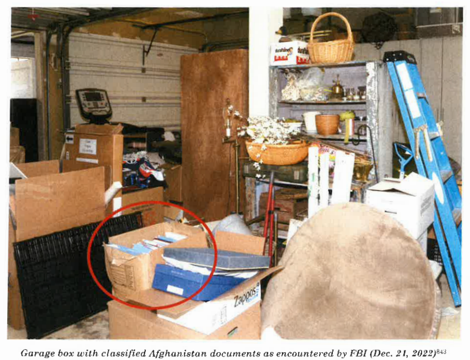 A photograph included in special counsel Robert Hur’s report into U.S. President Joe Biden’s handling of classified documents shows the location of a box containing materials related to Afghanistan found in Biden’s Delaware garage in 2022.