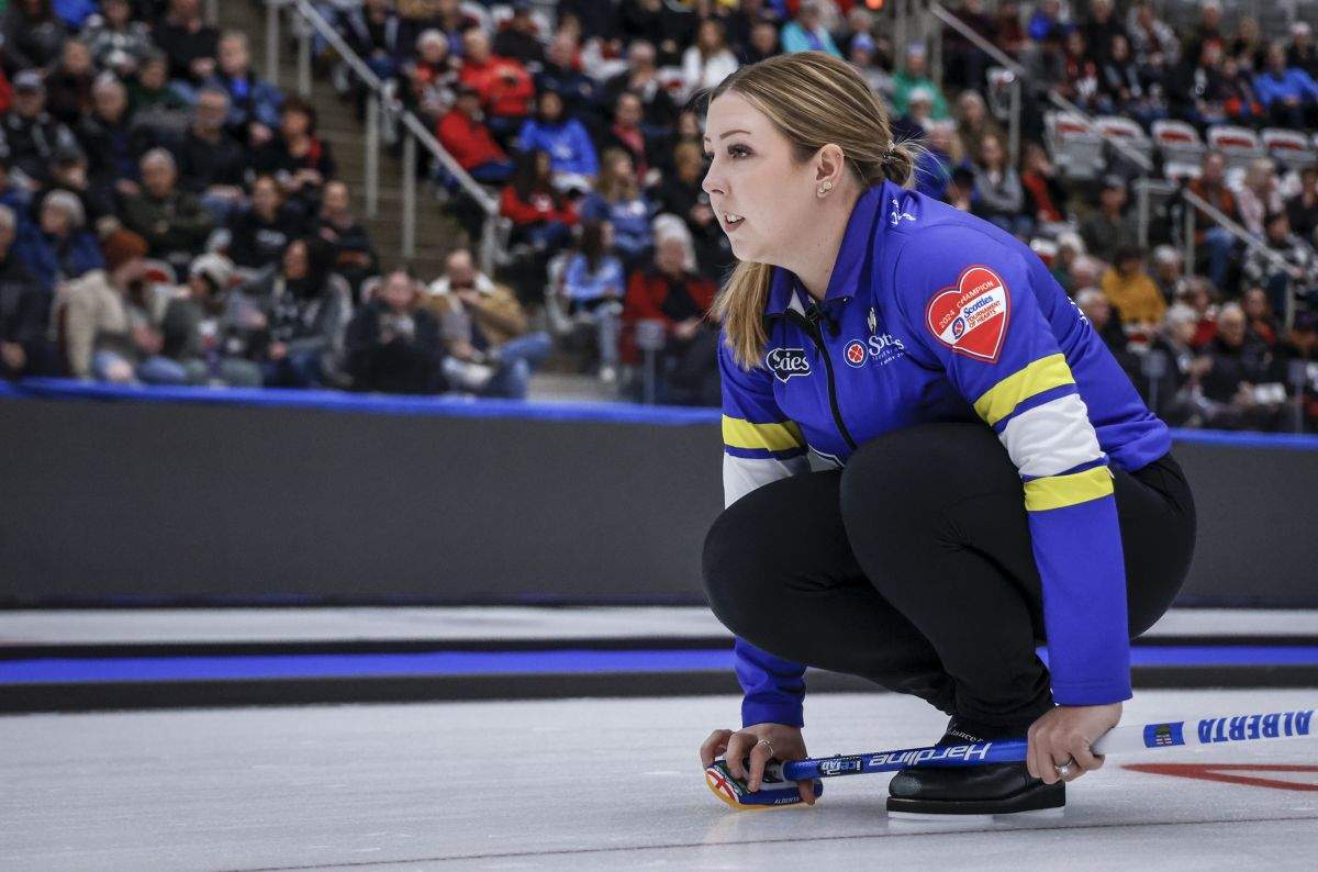 Team Alberta skip Selena Sturmay watches her shot as they play Team Manitoba-Cameron in Page playoffs at the Scotties Tournament of Hearts in Calgary, Saturday, Feb. 24, 2024.