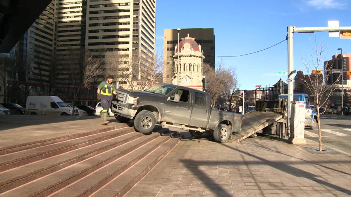 A vehicle crashed into Calgary's Suncor building Friday, Feb. 2, 2024.