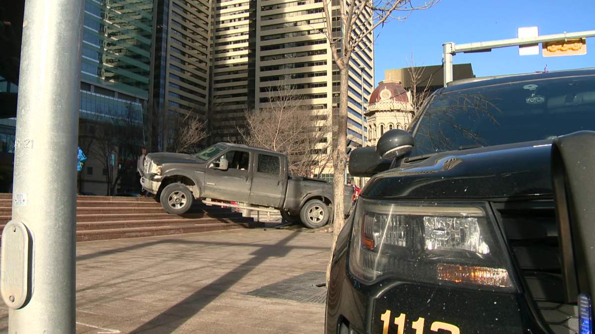 A vehicle crashed into Calgary's Suncor building Friday, Feb. 2, 2024.