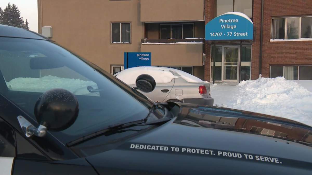 The Edmonton Police Service at the Pinetree Village apartment complex (14707 77 St.)  in north Edmonton's Kilkenny neighbourhood on Tuesday, February 27, 2024.