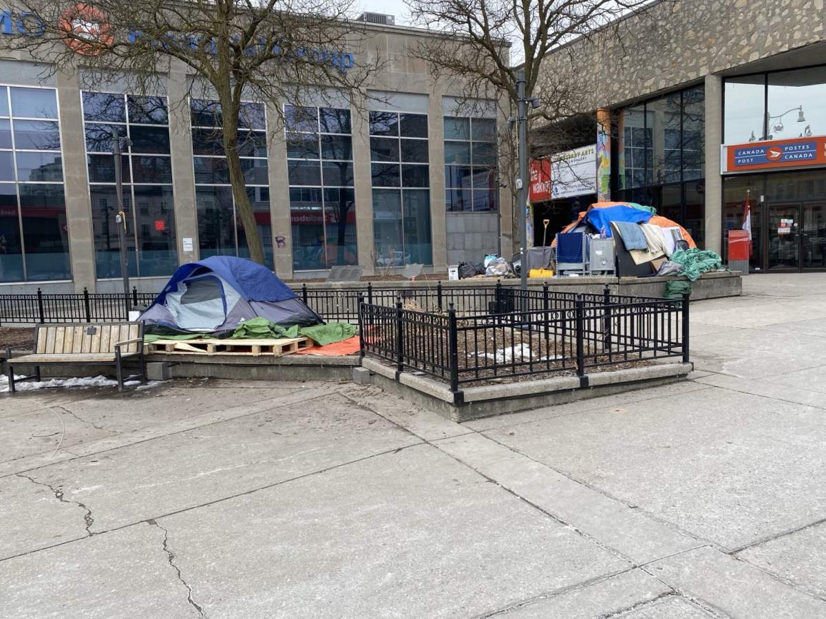 Two tents in St. George's Square in downtown Guelph, Ont.