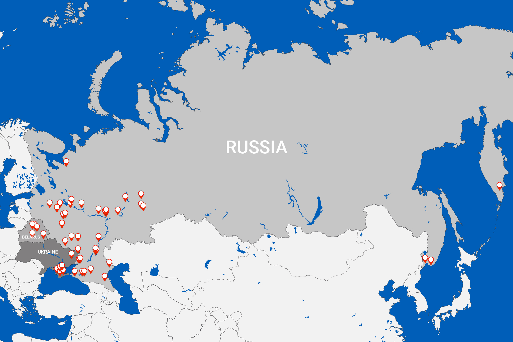 Locations in Russia, Belarus and occupied Ukrainian territories where Russia has forcibly deported Ukrainians
