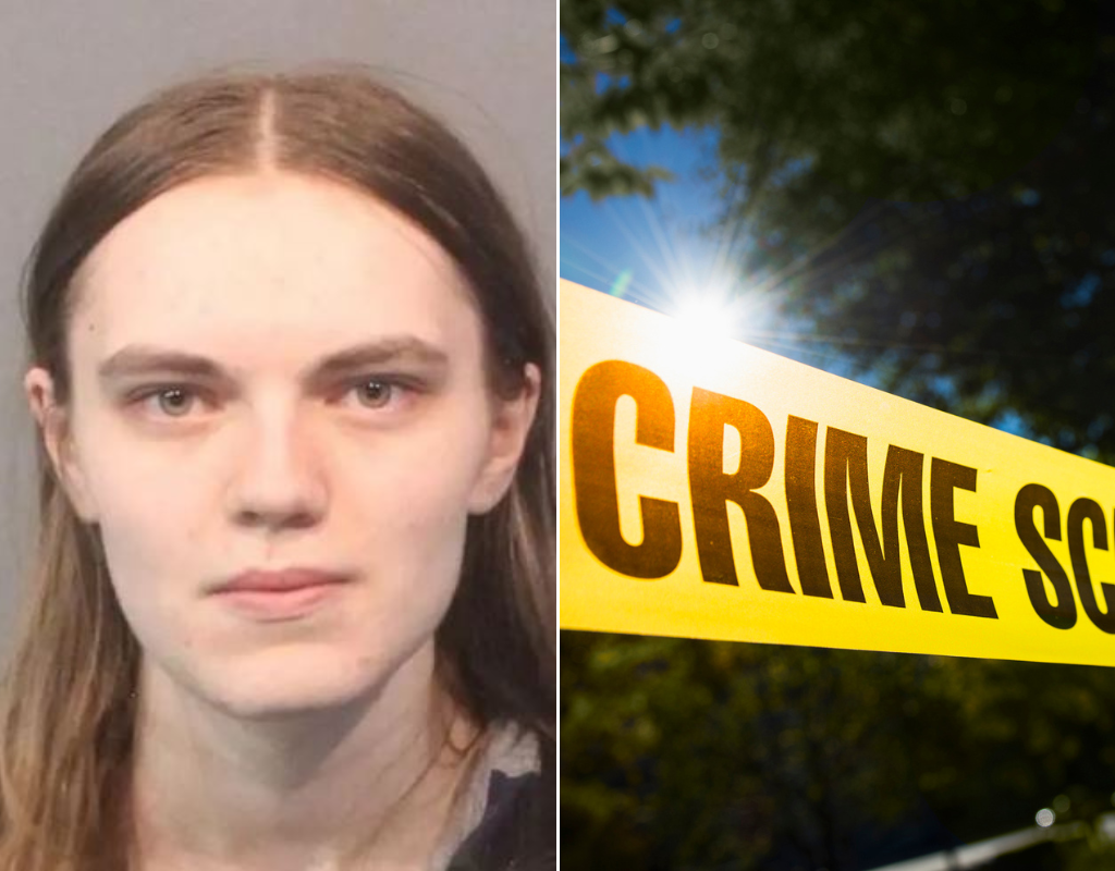 Mashenka Reid is pictured mugshot photo, split with a stock image of crime scene tape.
