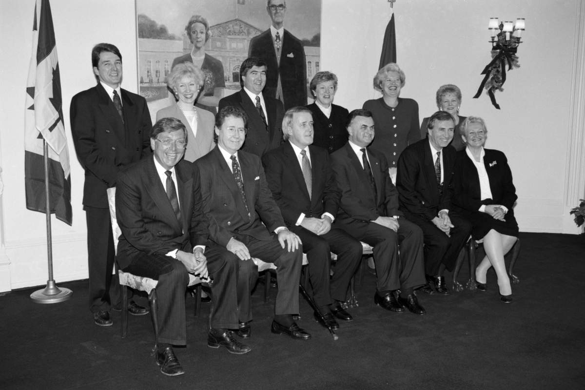 Federal cabinet ministers pose for a group photo following their new appointments in Ottawa, Monday, Jan. 4, 1993. Left to right front row are Thomas Hockin, Bill McKnight, Prime Minister Brian Mulroney, Governor General Ray Hnatyshyn, Charles Mayer and Monique Vezina. Back row left to right are Pierre Vincent, Kim Campbell, Pierre Blais, Monique Landry, Mary Collins and Pauline Browes. THE CANADIAN PRESS/Tom Hanson