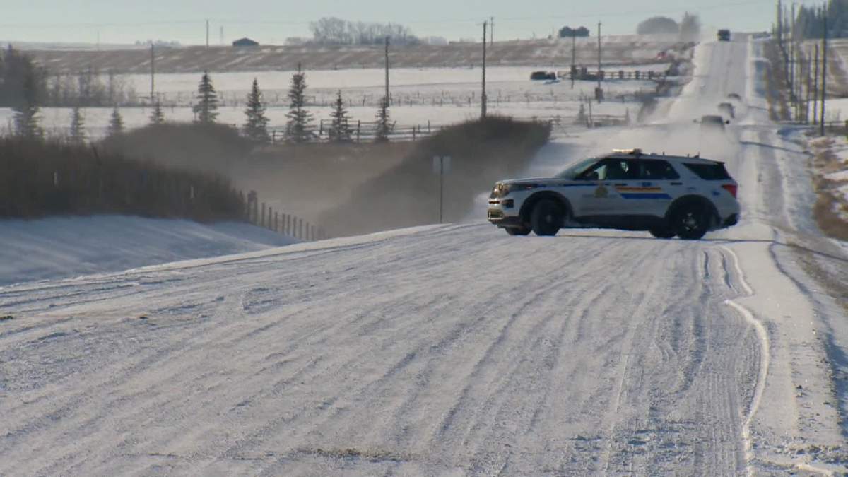Two people were taken into custody after residents west of Carstairs, Alta., were asked to shelter in place amid a search for the suspects Friday, Feb. 9, 2024.