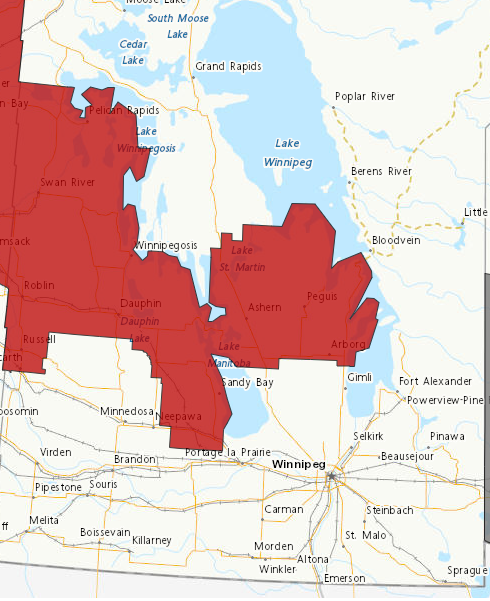 Snowfall Warning in effect for western Manitoba and the Interlake region.