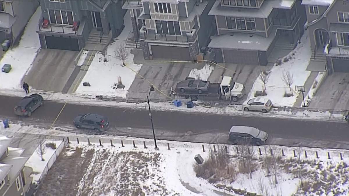 A major police presence in Calgary's Sage Hill neighbourhood Thursday, Feb. 15, 2024.