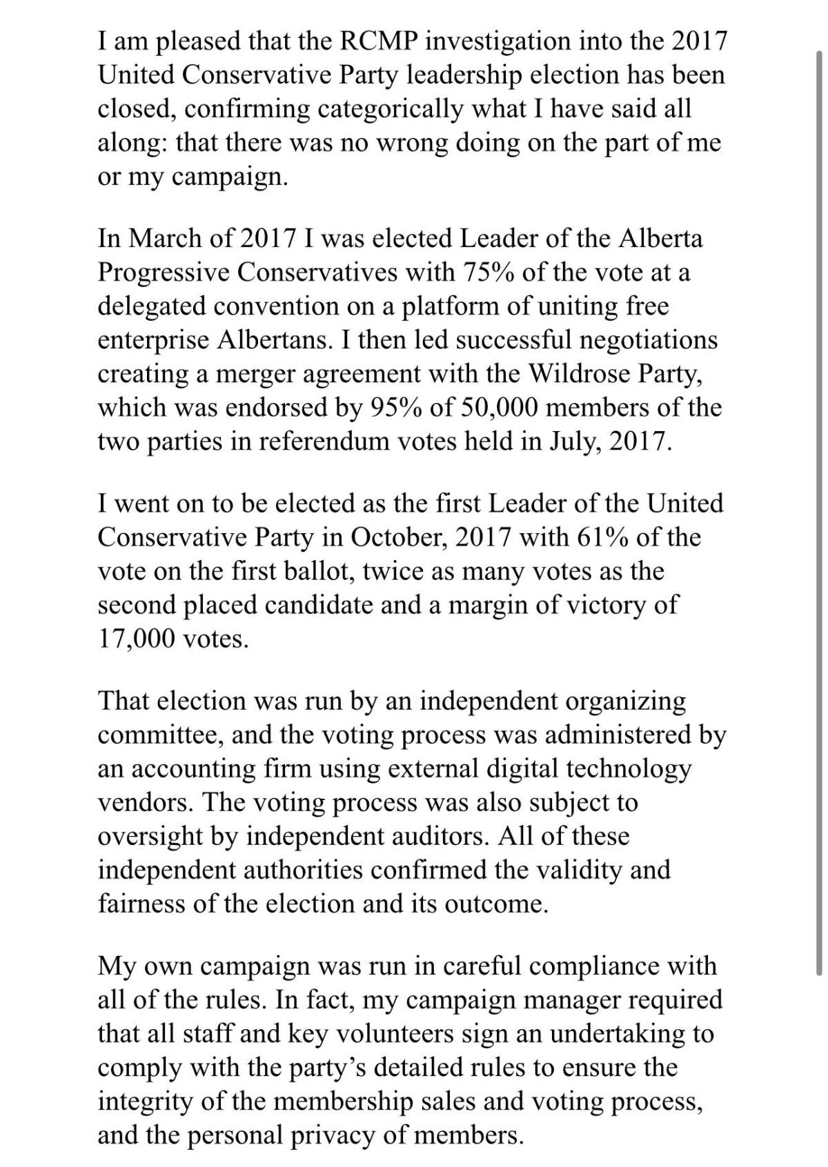 Jason Kenney statement on RCMP investigation into 2017 UCP leadership race