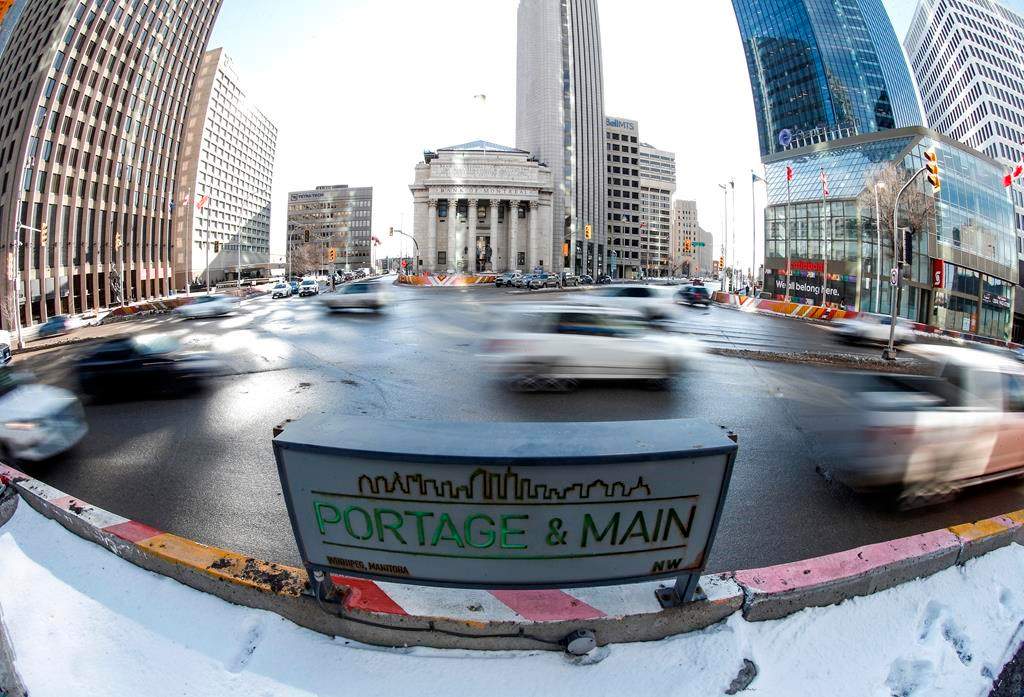 Barriers at Winnipeg’s major intersection of Portage and Main, which has been closed to pedestrians for 40-plus years, are seen on Friday, March 1, 2023. 