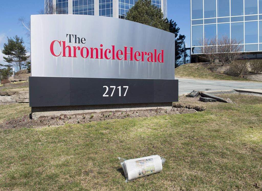 A private equity fund has filed insolvency proceedings against Atlantic newspaper owner SaltWire Network Inc., claiming it owes tens of millions of dollars. The Chronicle Herald sign is seen in Halifax on Thursday, April 13, 2017. THE CANADIAN PRESS/Andrew Vaughan.