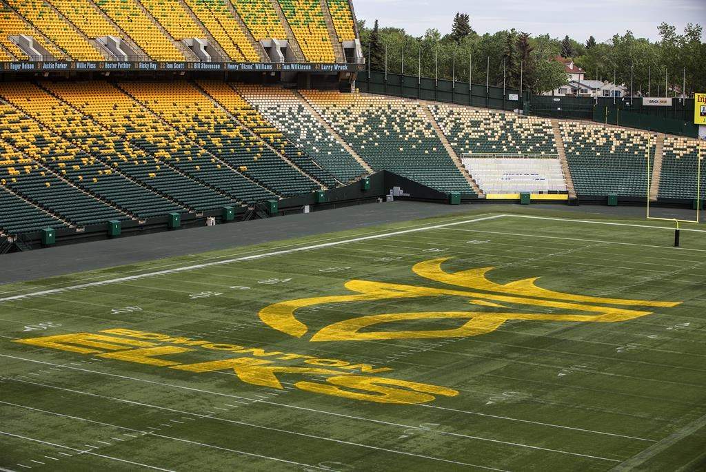 File: The logo for the Edmonton Elks is seen at Commonwealth Stadium in Edmonton, Tuesday, June 1, 2021. 