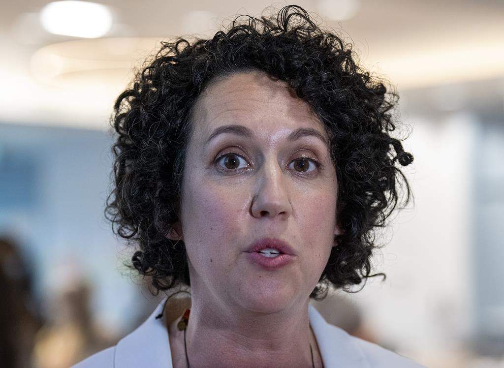 Nova Scotia’s third-party NDP has tabled a bill in the legislature that would ban the use of replacement workers during a strike. NDP Leader Claudia Chender talks with reporters at the party's convention in Dartmouth, N.S., on Saturday, June 25, 2022. THE CANADIAN PRESS/Andrew Vaughan.