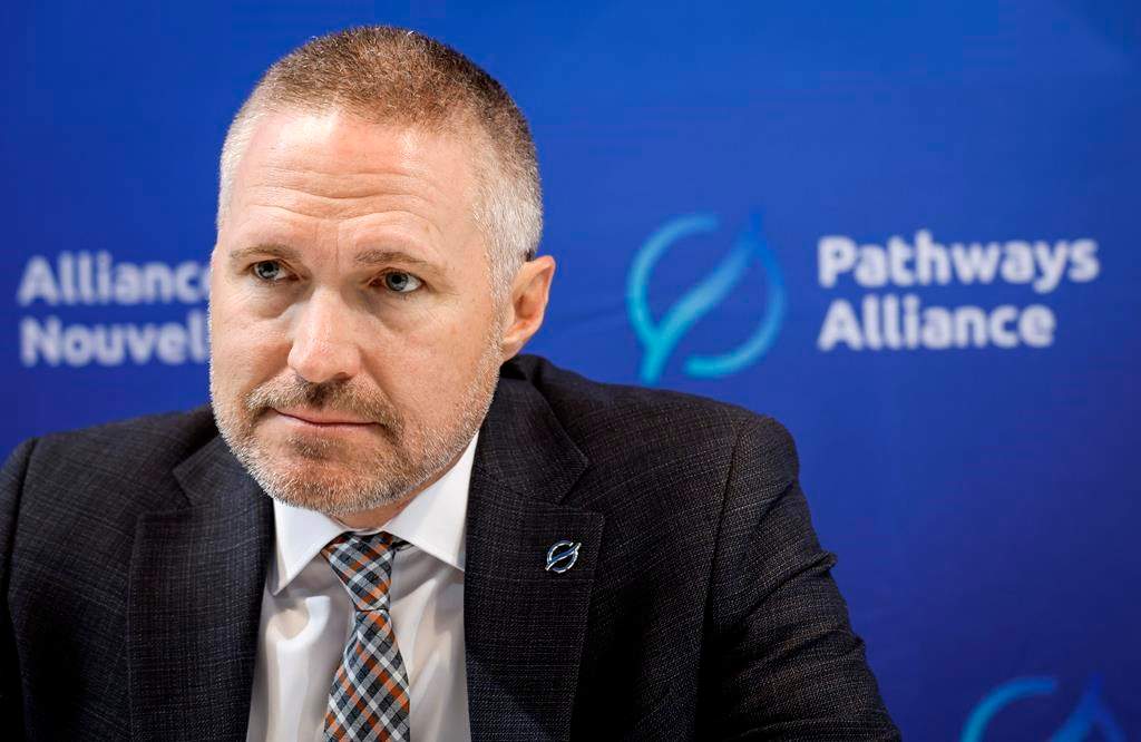 Pathways Alliance CEO Kendall Dilling is interviewed at the World Petroleum Congress in Calgary, Monday, Sept. 18, 2023. The Pathways Alliance consortium of oilsands companies says it is filing an application for regulatory approval of its massive proposed carbon capture pipeline project.