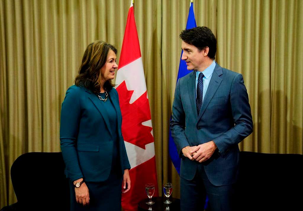 Prime Minister Justin Trudeau meets with Alberta Premier Danielle Smith in Calgary on Wednesday, March 13, 2024.