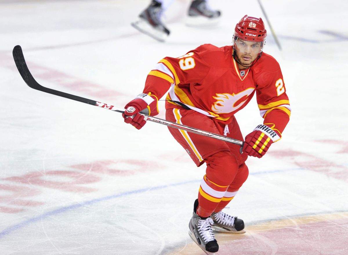 NHL player profile photo on Calgary Flames' Akim Aliu during a game in Calgary, Alberta on Feb. 23, 2013.