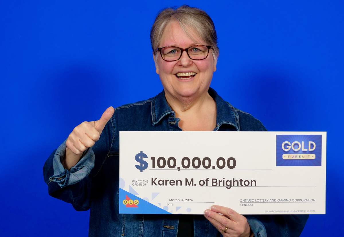 Karen Martin, of Brighton, Ont., claimed $100,000 on an Instant Gold Pursuit lottery ticket she bought on Feb. 14, 2024.