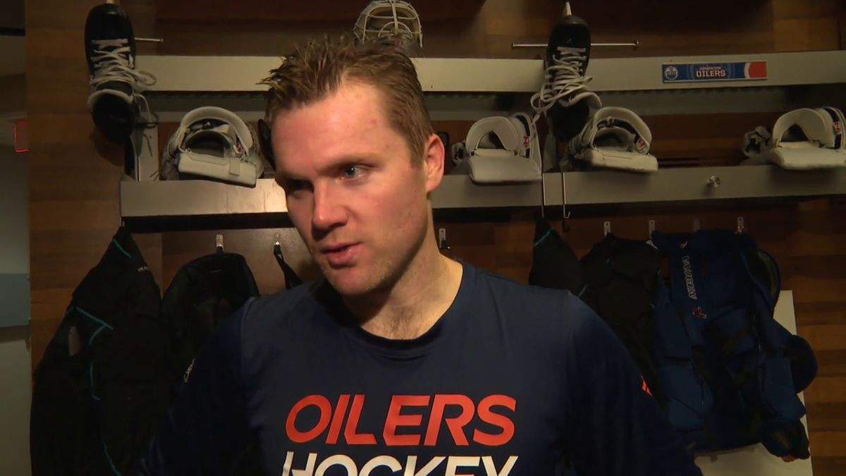 Edmonton Oilers goaltender Calvin Pickard speaks to reporters at Rogers Place on March 20, 2024.