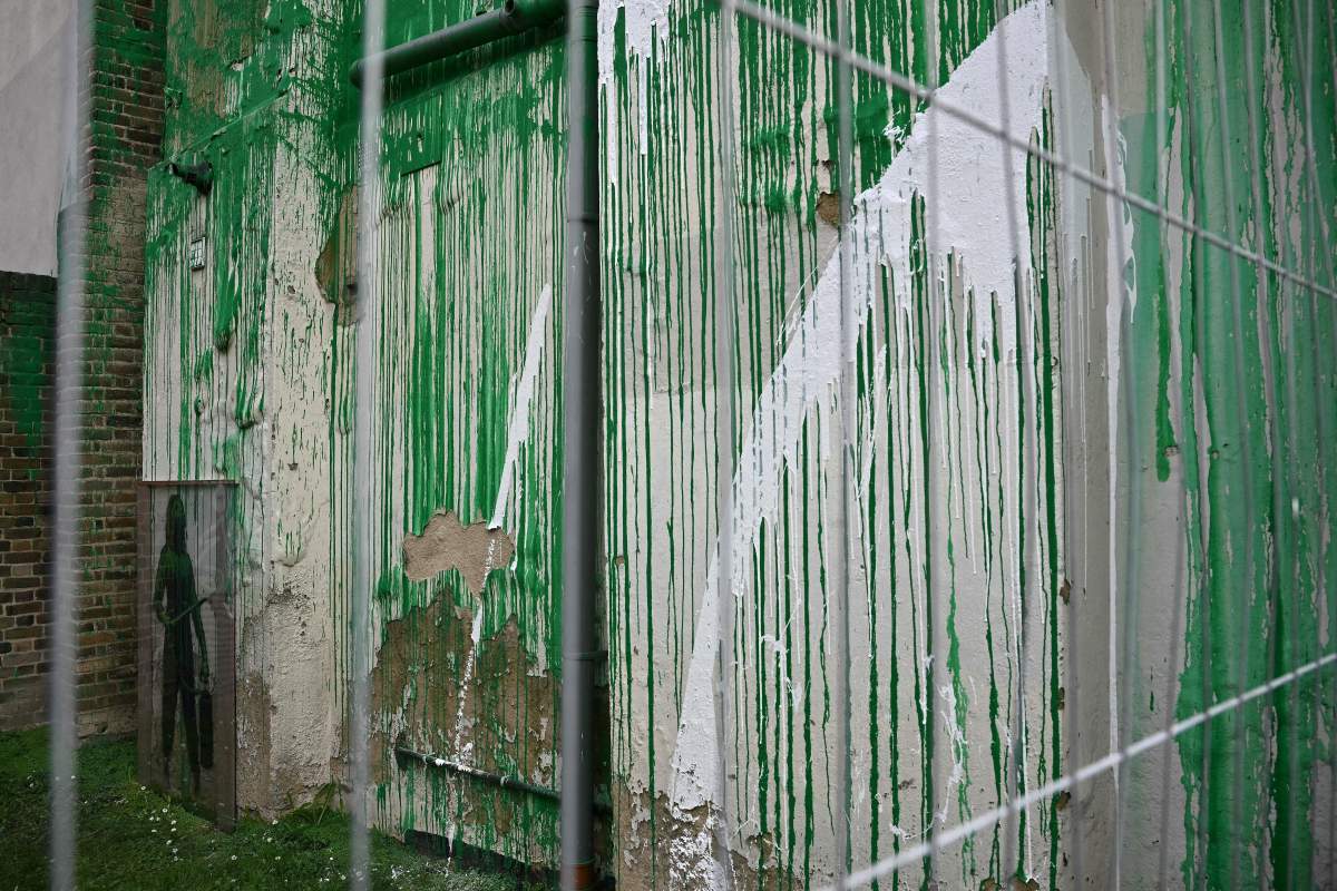 A close-up of the white paint that appeared on a Banksy mural in Islington on Wednesday March 20, 2024.