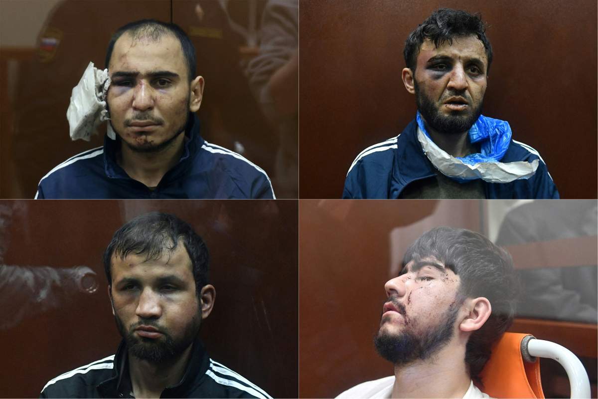 This combination of pictures created on March 24, 2024 shows (Clockwise from top L) Rachabalizoda Saidakrami, Dalerdjon (alternatively spelled Dalerdzhon) Barotovich Mirzoyev, Muhammadsobir Fayzov and Shamsidin Fariduni suspected of taking part in the attack of a concert hall that killed 137 people, the deadliest attack in Europe to have been claimed by the Islamic State jihadist group, sitting inside the defendant cage as they waits for their pre-trial detention hearing at the Basmanny District Court in Moscow overnight March 24 and 25, 2024.
