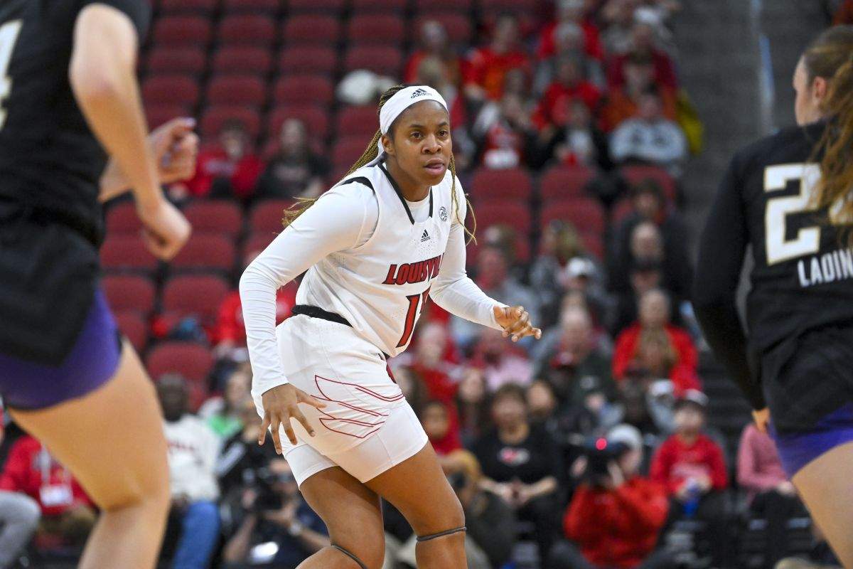 Louisville guard Merissah Russell plays against Washington during an NCAA basketball game on Wednesday, Dec. 20, 2023, in Louisville, Ky.