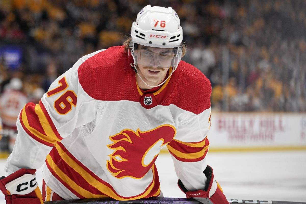 Calgary Flames centre Martin Pospisil (76) plays during the first period of an NHL hockey game against the Nashville Predators, Wednesday, Nov. 22, 2023, in Nashville, Tenn.