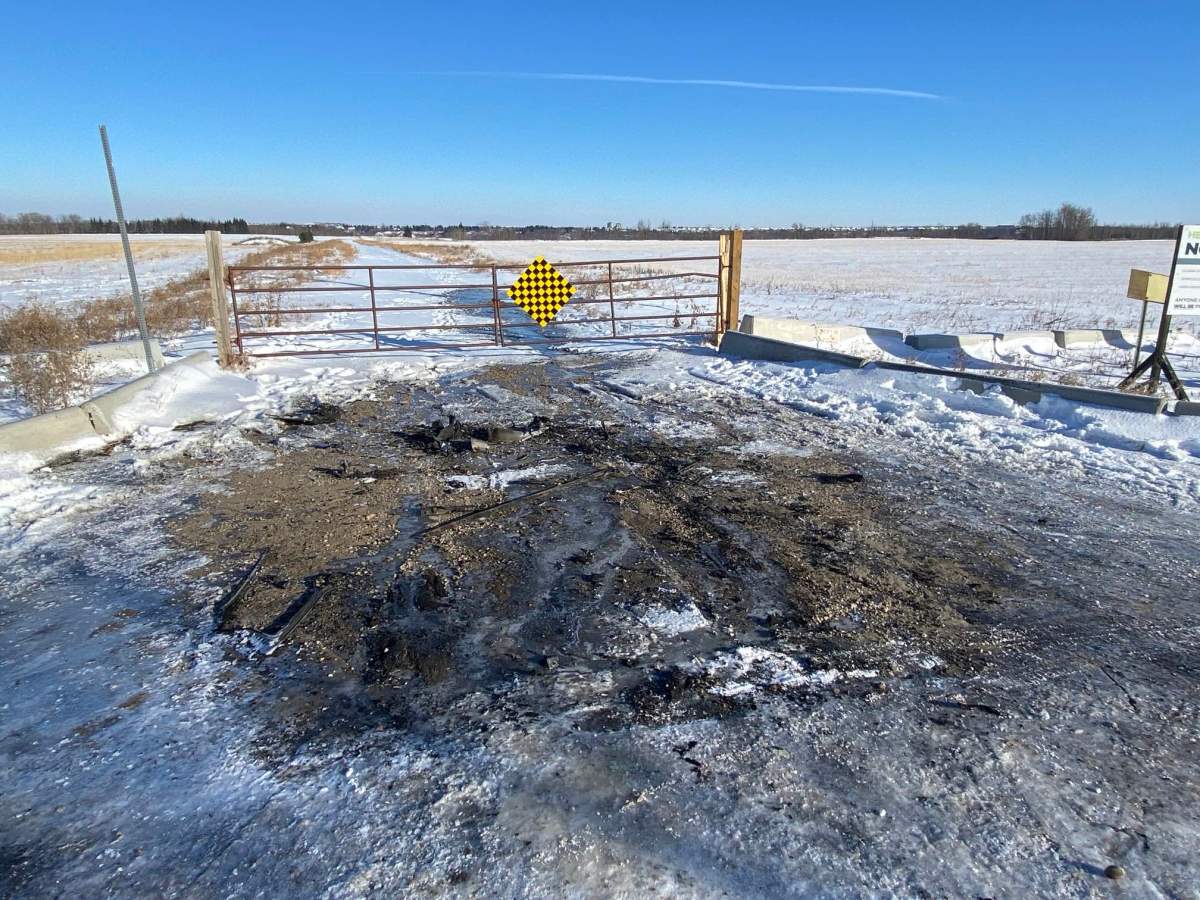 The spot where a vehicle was found on fire at 199th Street and 16th Avenue in deep southwest Edmonton on Tuesday, March 6, 2024.