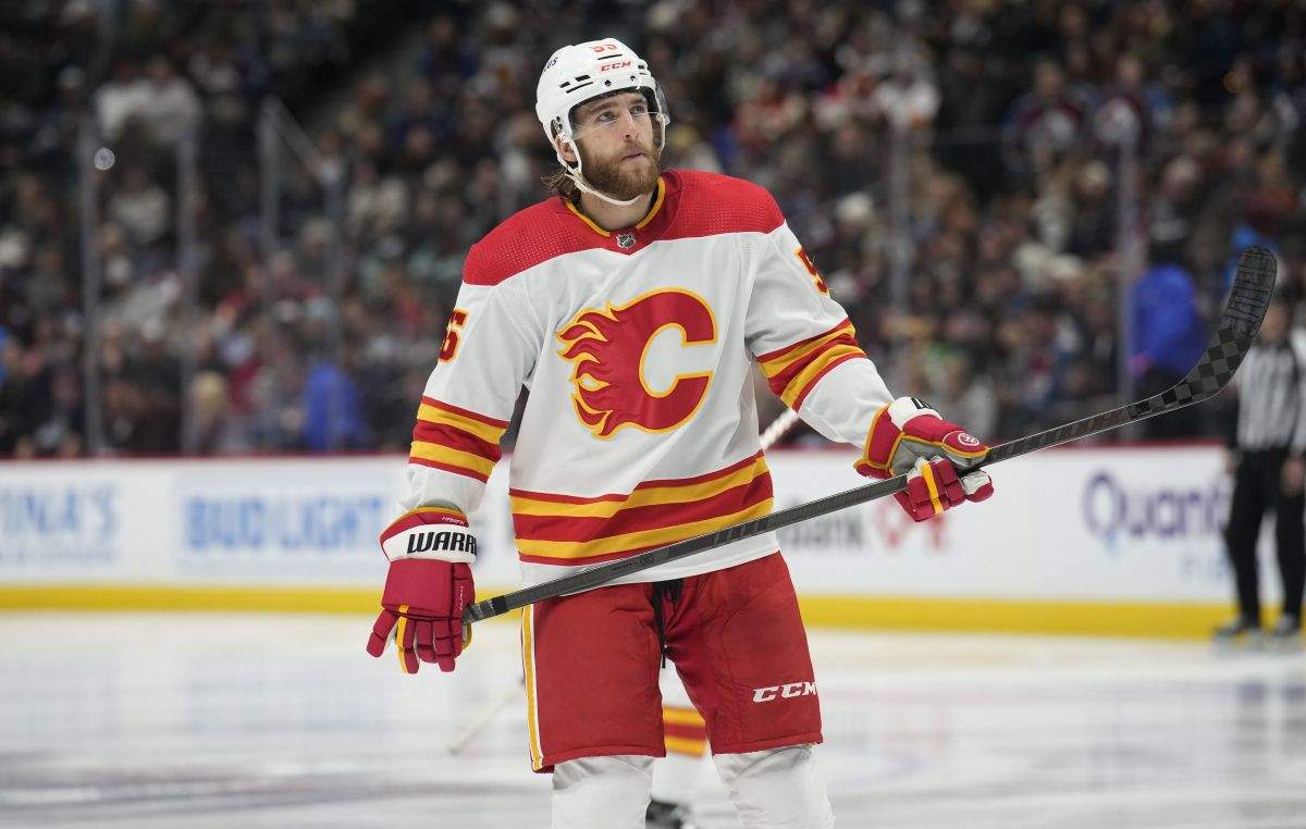 Calgary Flames defenceman Noah Hanifin (55) in the third period of an NHL hockey game Saturday, Nov. 25, 2023, in Denver.