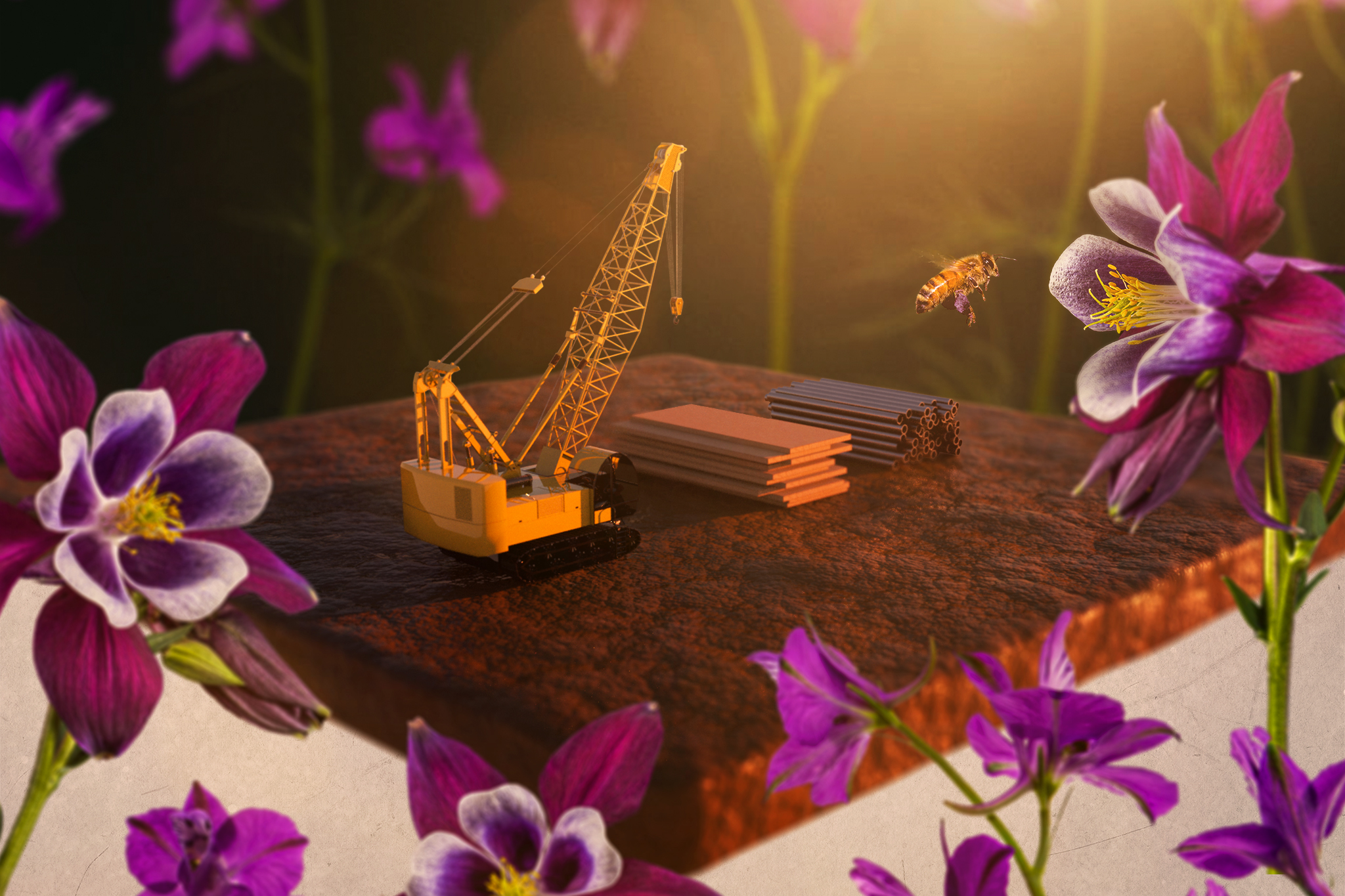 A photo illustration of a crane and building supplies on a plot of dirt surrounded by flowers at dusk.