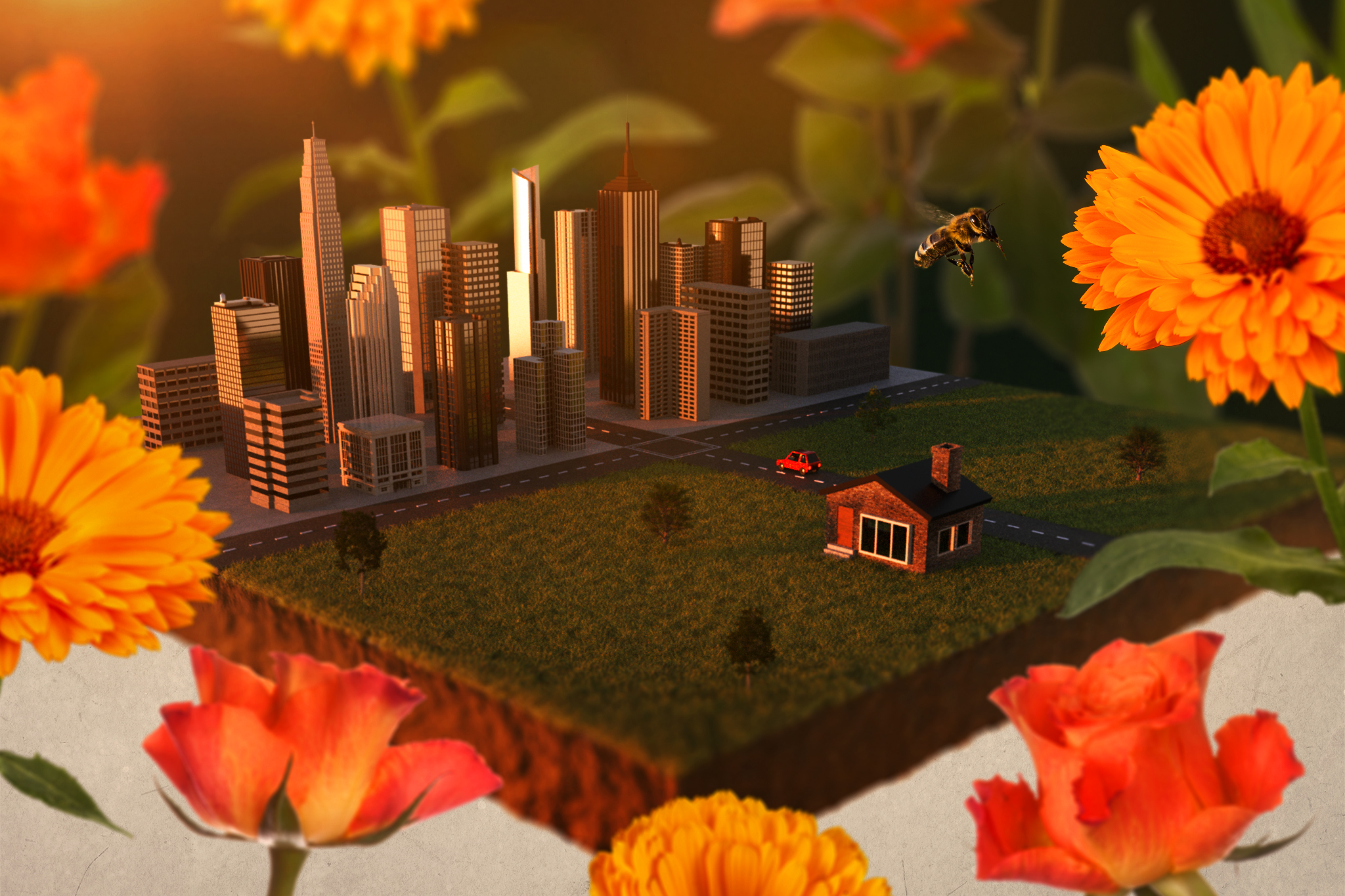 An image showing a city landscape and a rural landscape surrounded by flowers.
