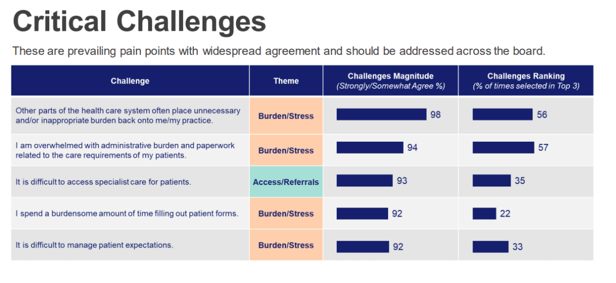 A chart showing the main complaints and burdens doctors face in Ontario.