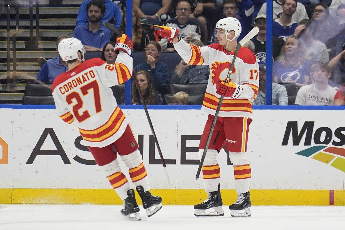 Calgary Flames centre Yegor Sharangovich (17) celebrates his goal against the Tampa Bay Lightning with right wing Matt Coronato (27) during the second period of an NHL hockey game Thursday, March 7, 2024, in Tampa, Fla.