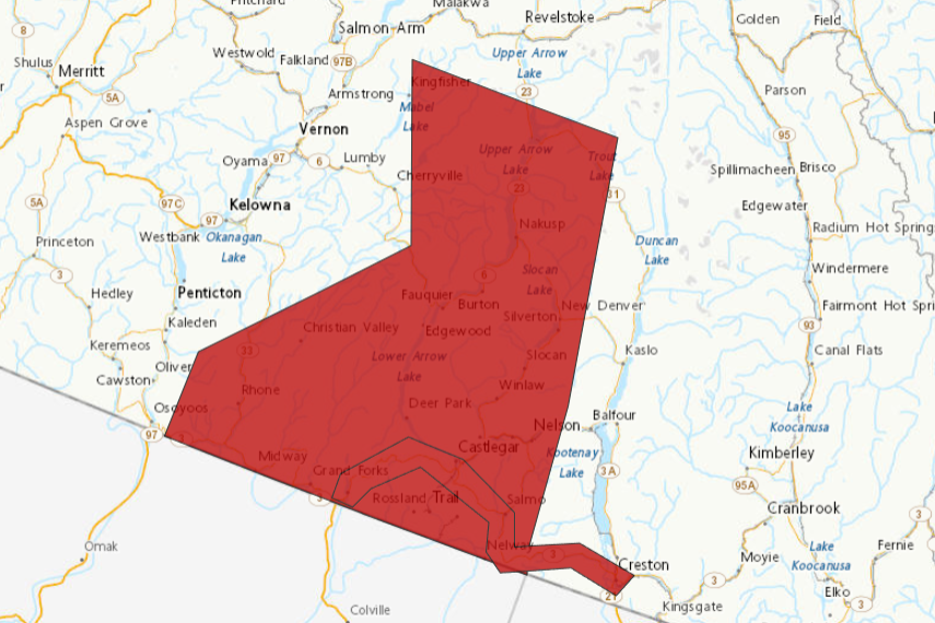 A map showing a snowfall alert in B.C.