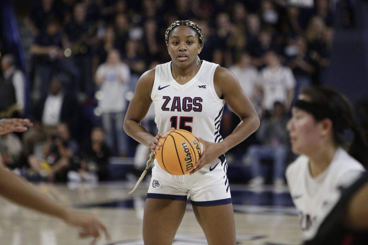 Gonzaga forward Yvonne Ejim controls the ball during the second half of an NCAA college basketball game against Stanford, Sunday, Dec. 3, 2023, in Spokane, Wash.