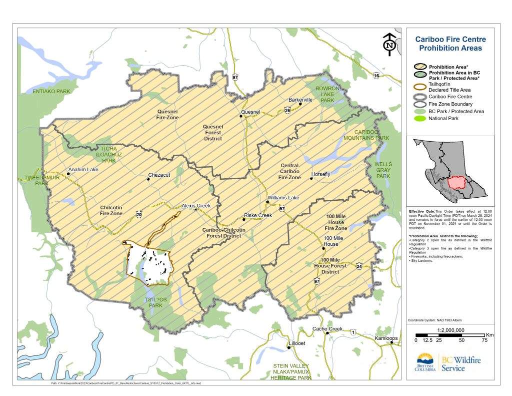 A map of areas covered by B.C.’s first fire ban of 2024.