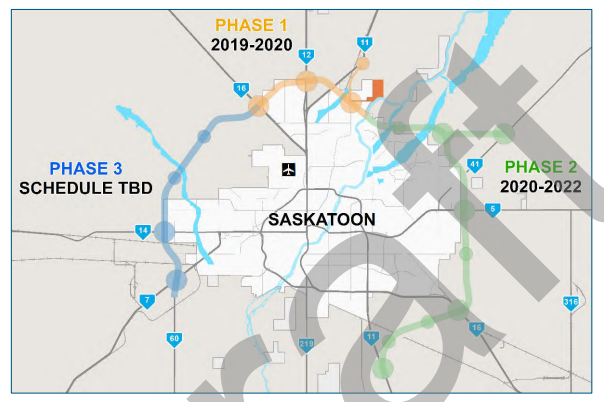 A map of the proposed freeway in Saskatoon and the different phases involved as part of the phase two functional design report.