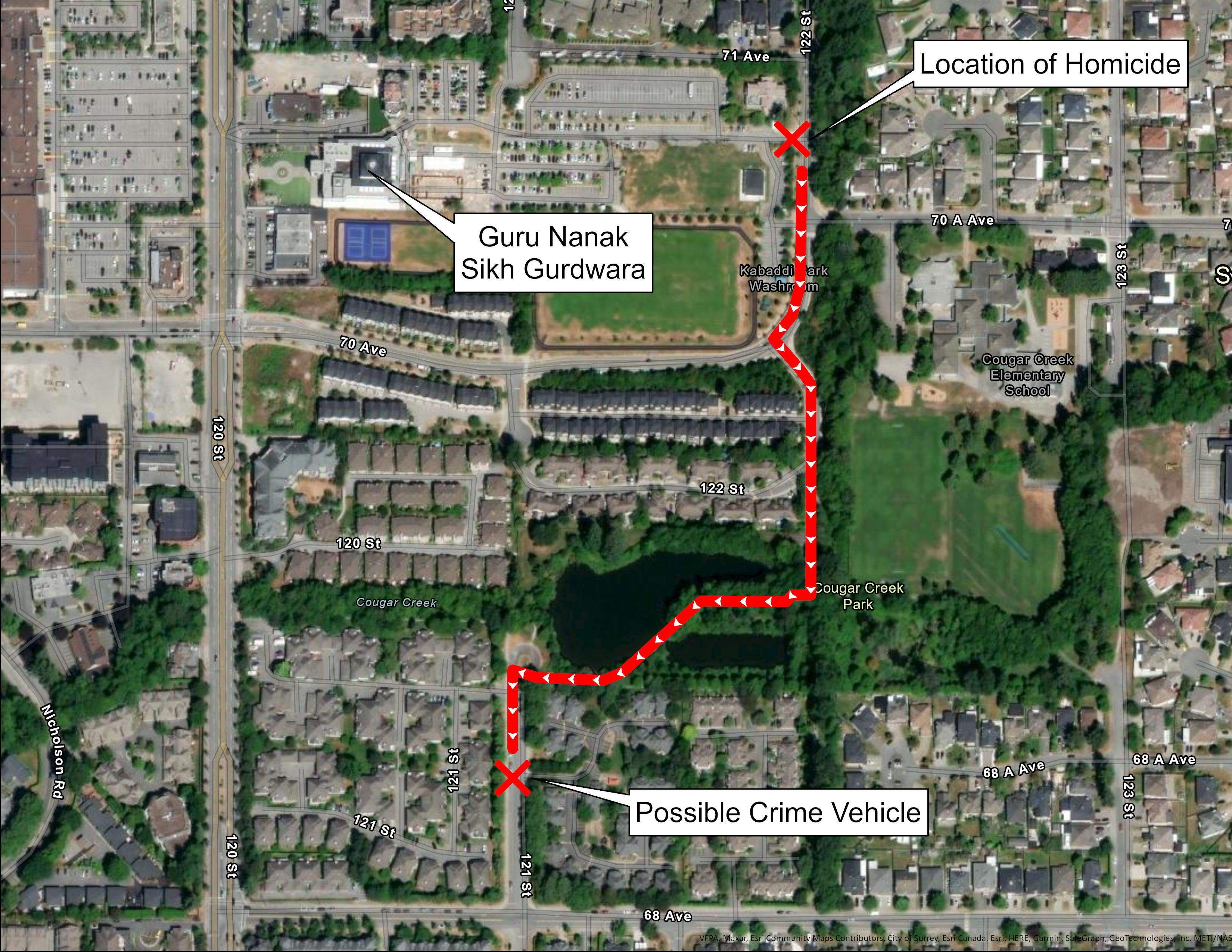 This map released by RCMP shows route taken by the gunmen who shot Hardeep Singh Nijjar on June 18, 2023.