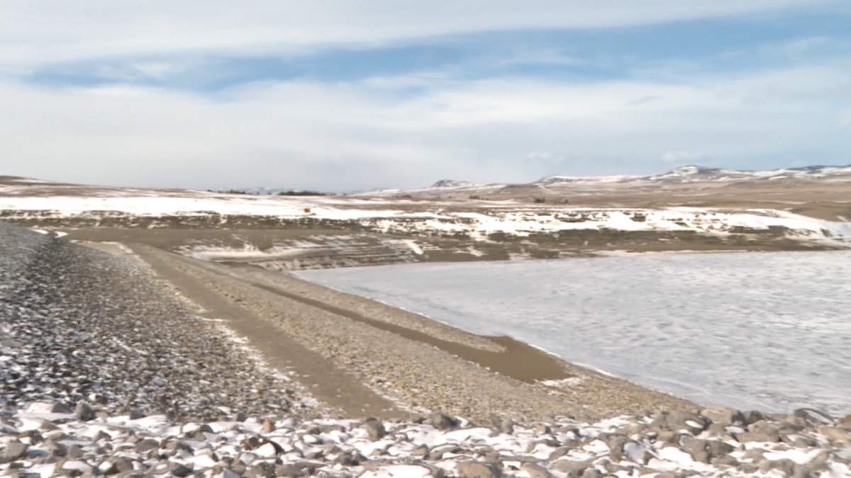 The Old Man River reservoir, seen here in early March 2024, is at its lowest level in more than 20 years. Global News photo